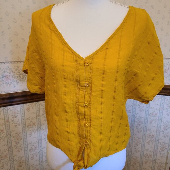 PRANA V-NECK BUTTON DOWN TIE CROP SHIRT | ORGANIC COTTON | MARIGOLD | SIZE M - Picture 1 of 6